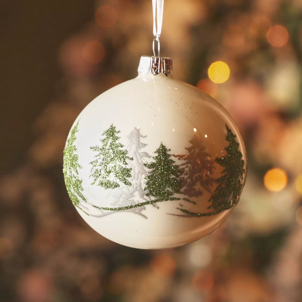 Set di 6 palline di Natale in vetro (D80 mm) Foresta di abeti Bianco