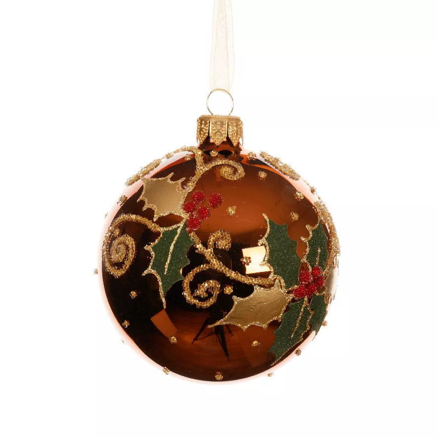 Lot de 6 boules de Noël en verre (D80 mm) Houx Brun café
