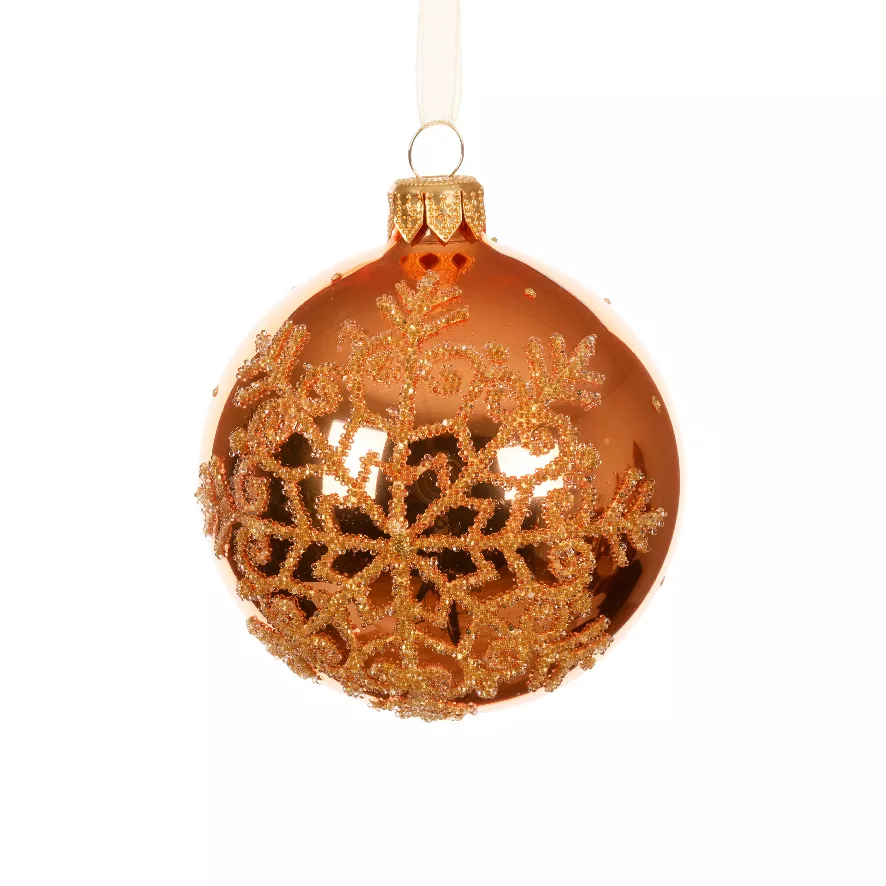 Set di 6 palline di Natale in vetro (D80 mm) Fiocco di neve luccicante Arancione