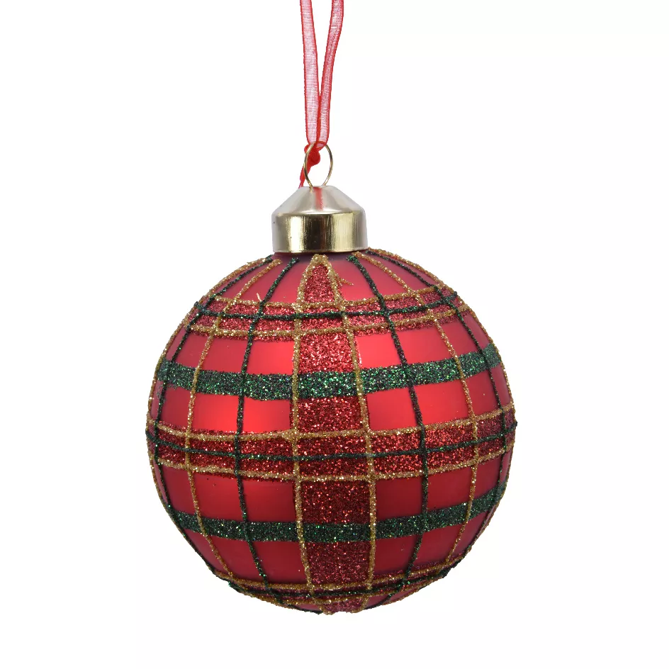 Set di 3 palline di Natale in vetro (D80 mm) Quadretti luccicanti Rosso