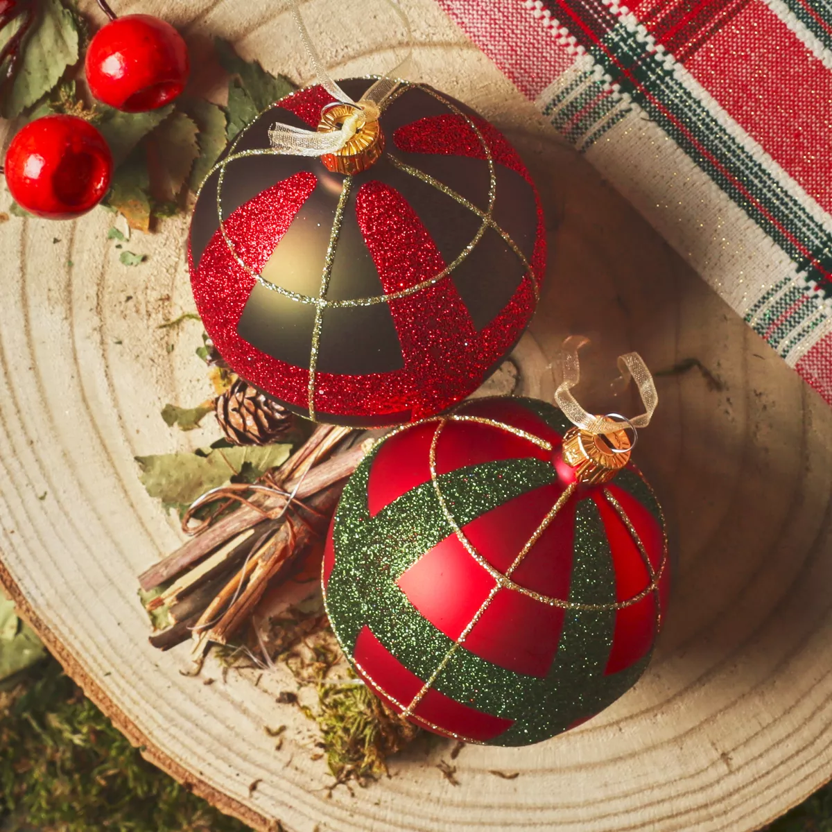 Set di 6 palline di Natale in vetro (D80 mm) Scozzese rosso e verde