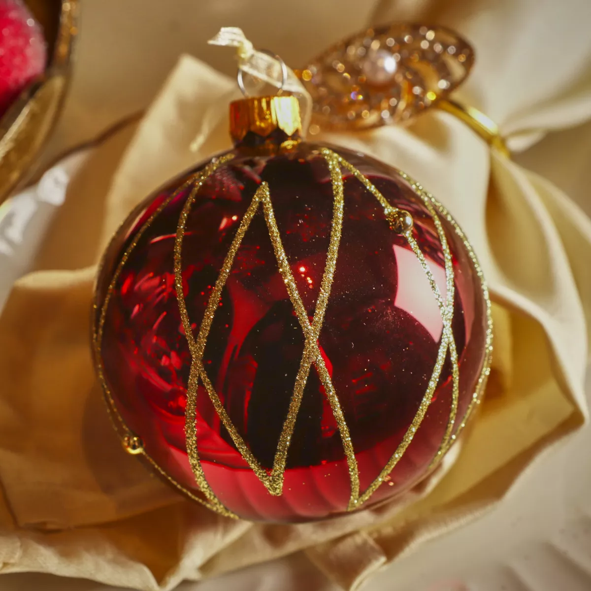 Set van 6 kerstballen van glas (D80 mm) Prestige Bordeaux met gouden glitters