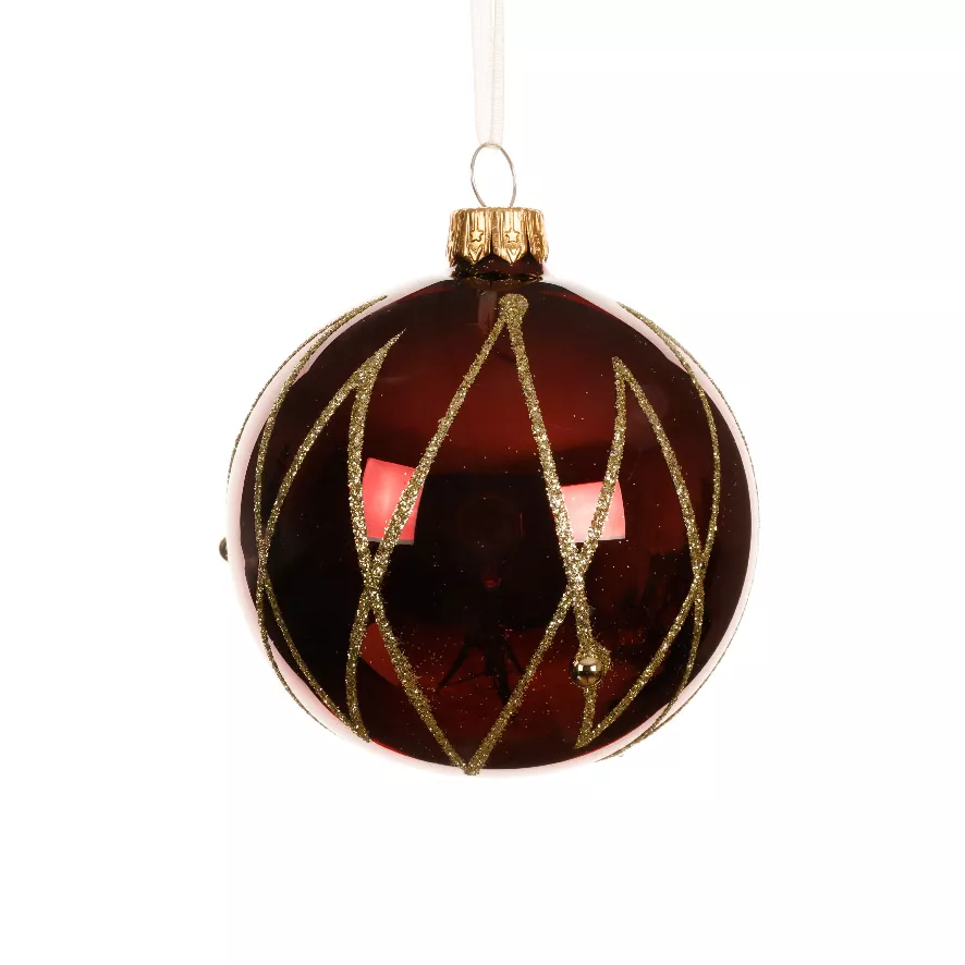 Set von 6 Weihnachtskugeln aus Glas (D80 mm) Prestige Bordeaux mit goldenem Glitzer