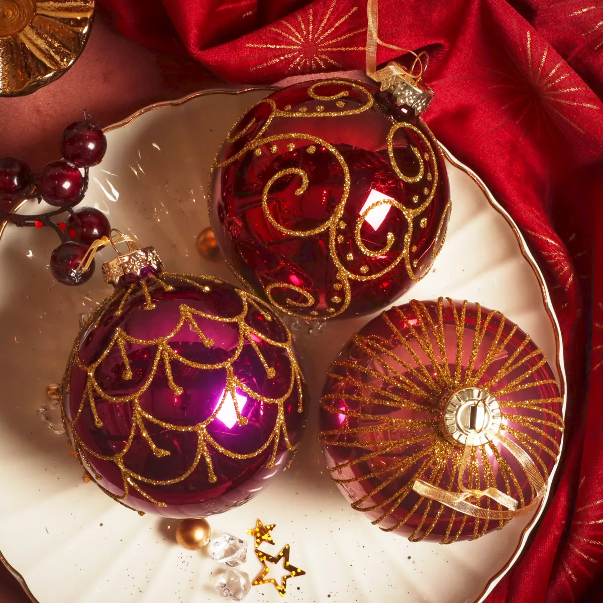 Set di 12 palline di Natale in vetro (D80 mm) Palazzo Italiano Fico e oro