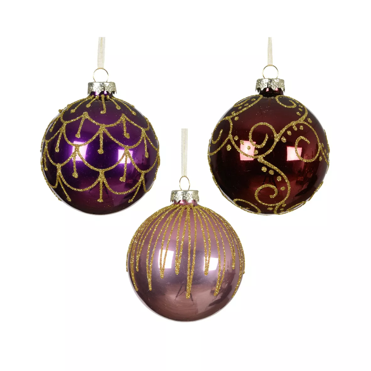 Set von 12 Weihnachtskugeln aus Glas (D80 mm) Italienische Paläste Feige und Gold