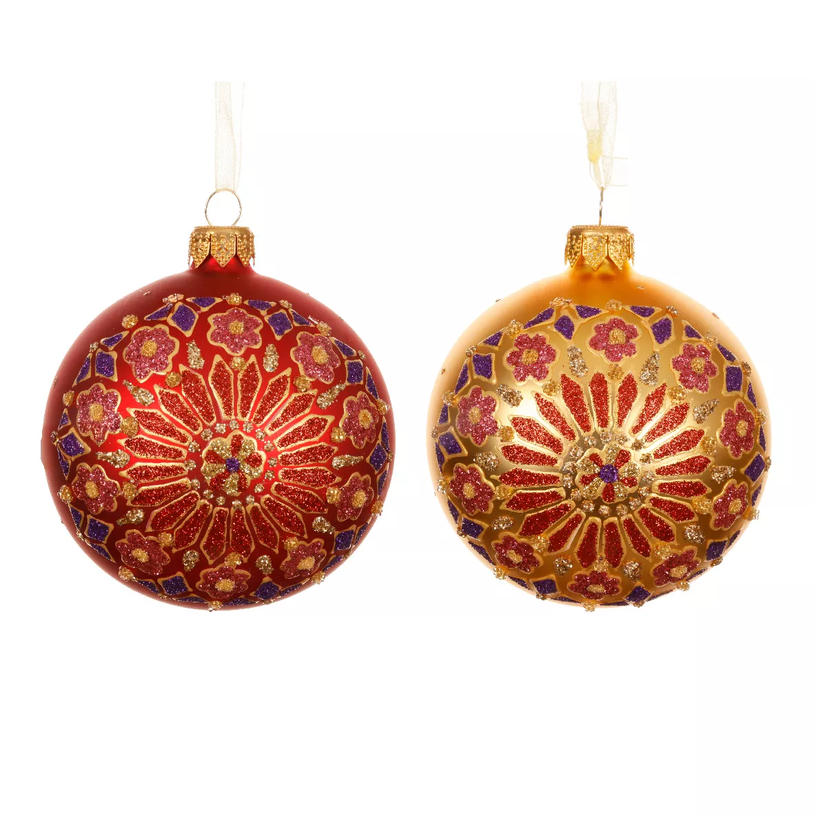 Set di 6 palline di Natale in vetro (D80 mm) Fiocchi di Lapponia Rosso e oro
