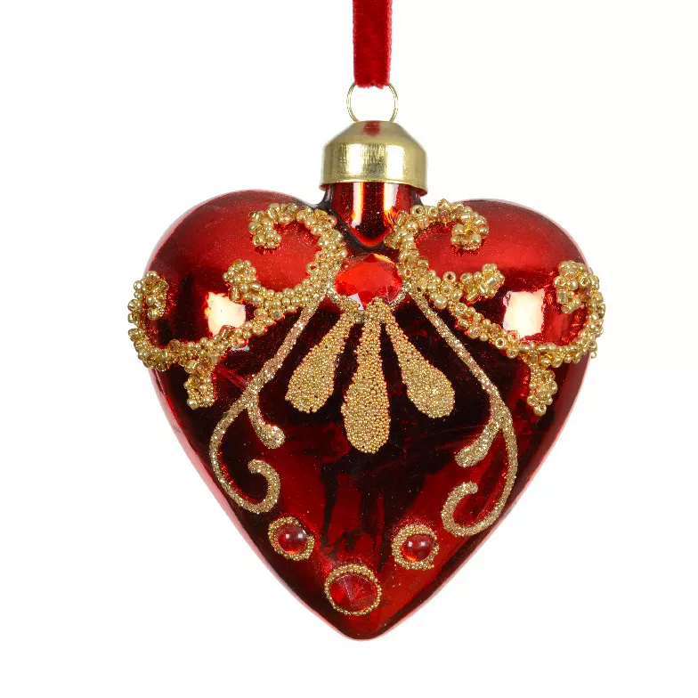 Set di 2 pendenti in vetro (H8 cm) Cuori preziosi Rosso con glitter oro