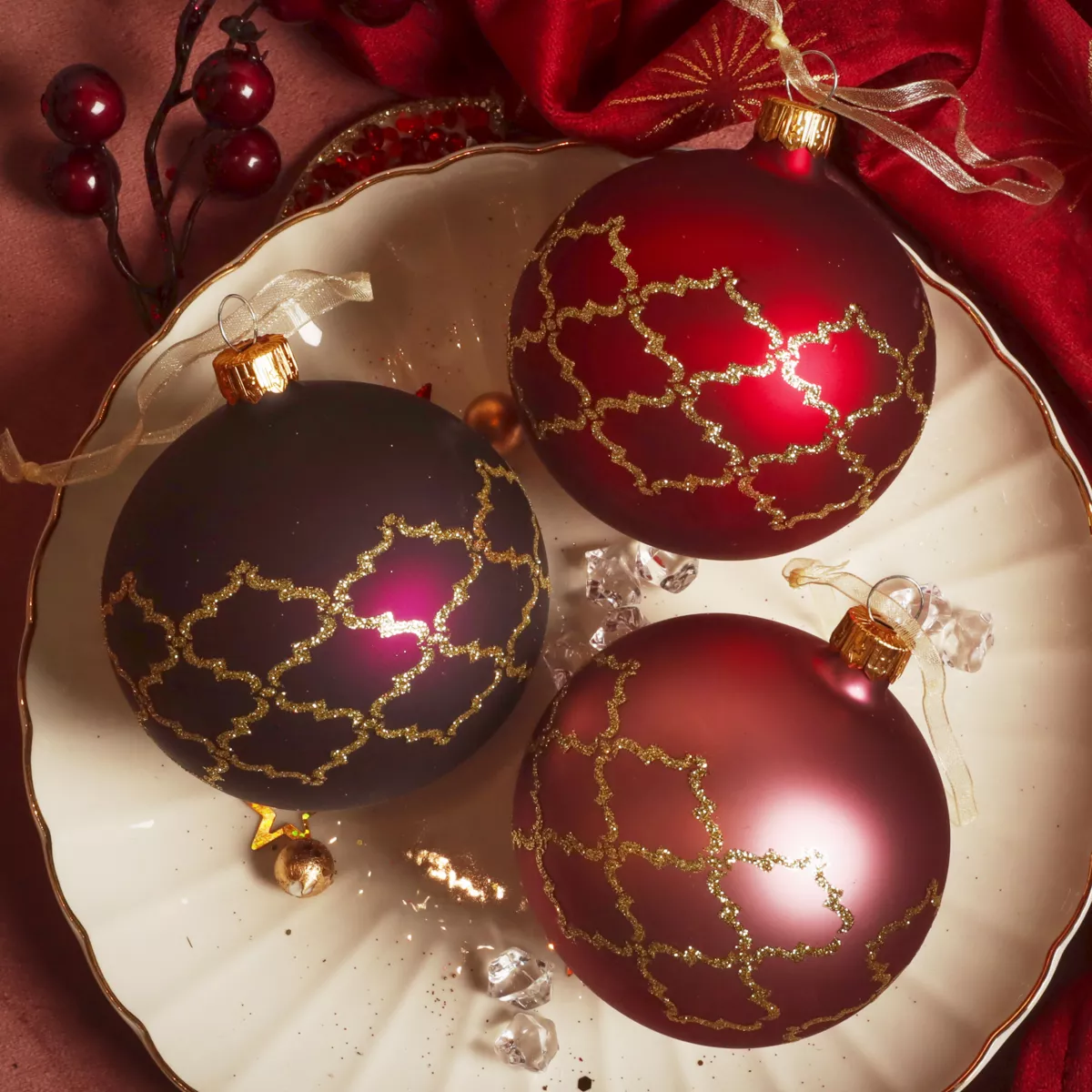Lote de 6 bolas de Navidad de vidrio (D80 mm) Art Decó assorti Rojo