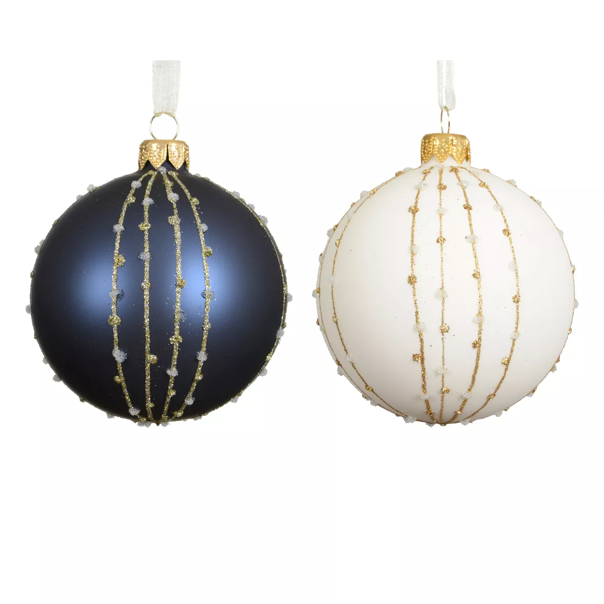 Lot de 6 boules de Noël en verre (D80 mm) Christmas night Blanc laine et bleu nuit