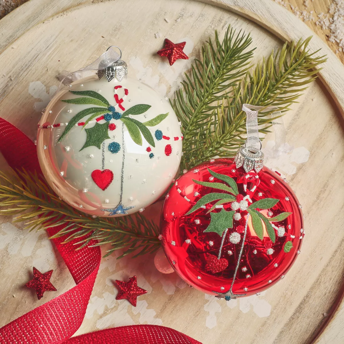 Set di 6 palline di Natale in vetro (D80 mm) Natale d'Antan Rosso e bianco