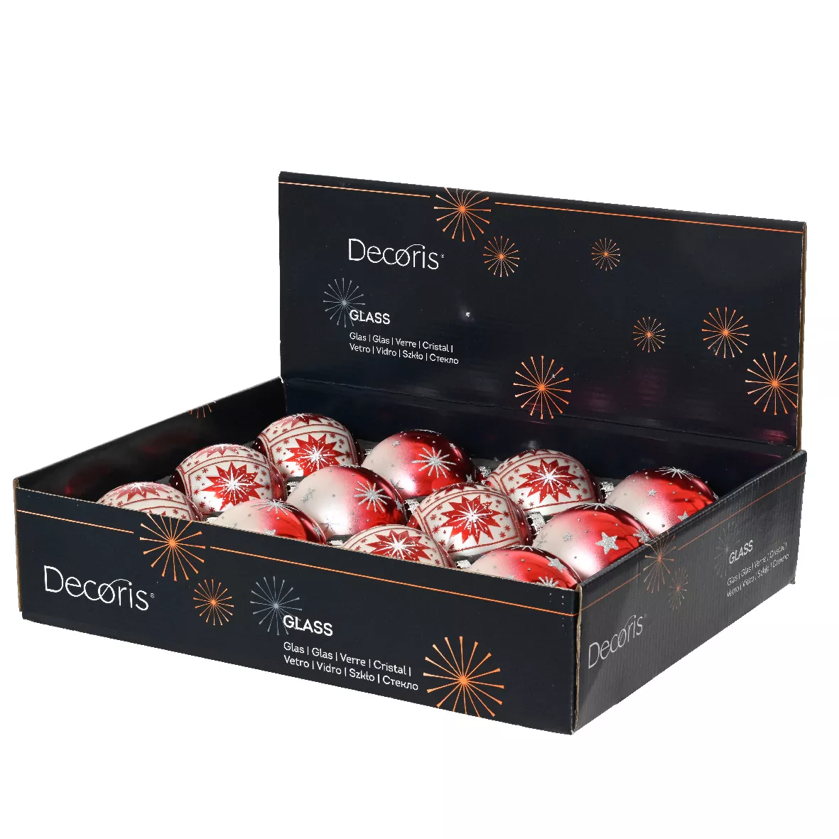 Set di 12 palline di Natale in vetro (D80 mm) Meribel Rosso con glitter argento