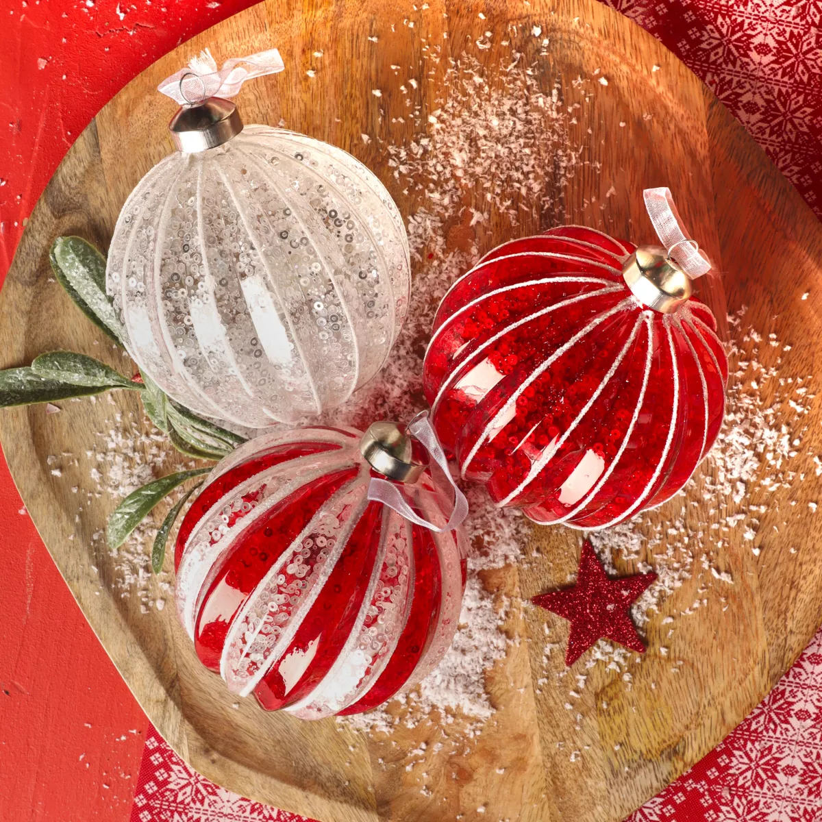 Set di 12 palline di Natale in vetro (D100 mm) Paillettes festive Argento e rosso