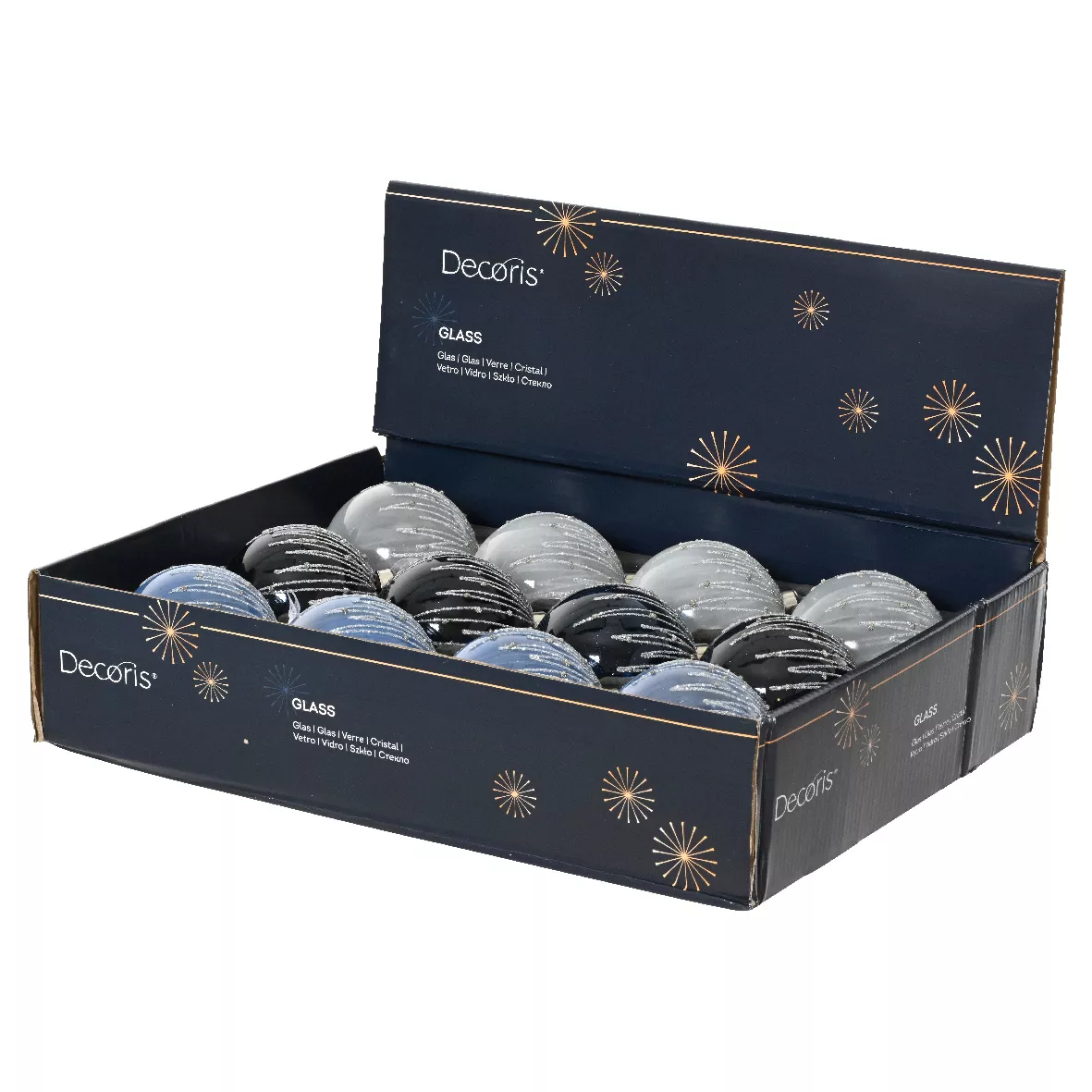Lot de 12 boules de Noël en verre (D80 mm) Perles d'hiver Bleu