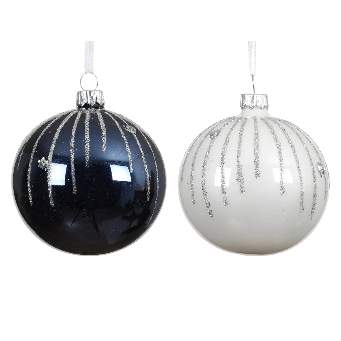 Lot de 6 boules de Noël en verre (D80 mm) Mistery Bleu nuit et blanc