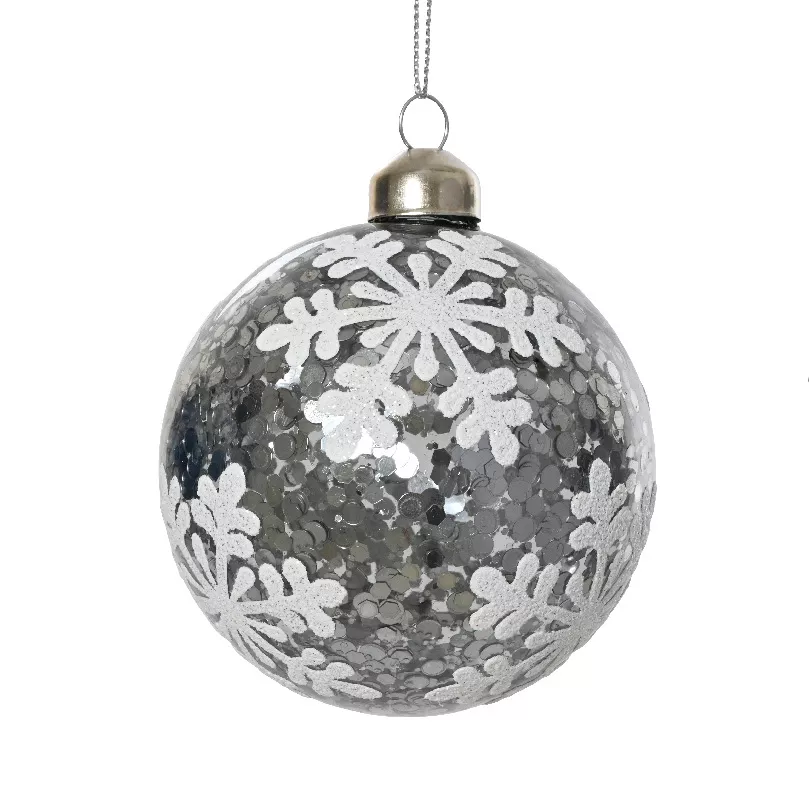 Set di 3 palline di Natale in vetro (D80 mm) Fiocchi di neve e paillettes Argento