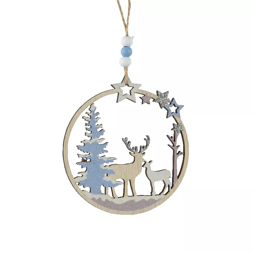 Decorazione natalizia sospesa in legno (D11 cm) Renna e cerva nel bosco Blu