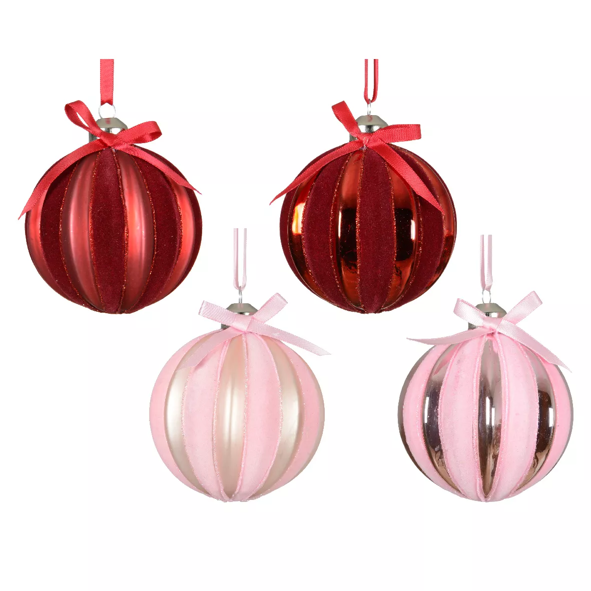 Set di 12 palline di Natale in vetro (D80 mm) Velluto e fiocco Rosso e rosa