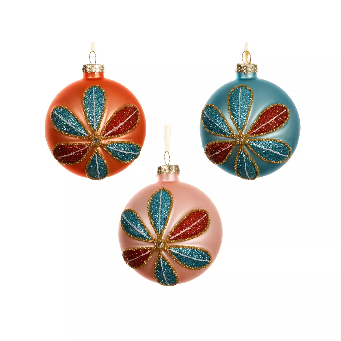Set di 12 palline di Natale in vetro (D80 mm) Petali glitterati Multicolore