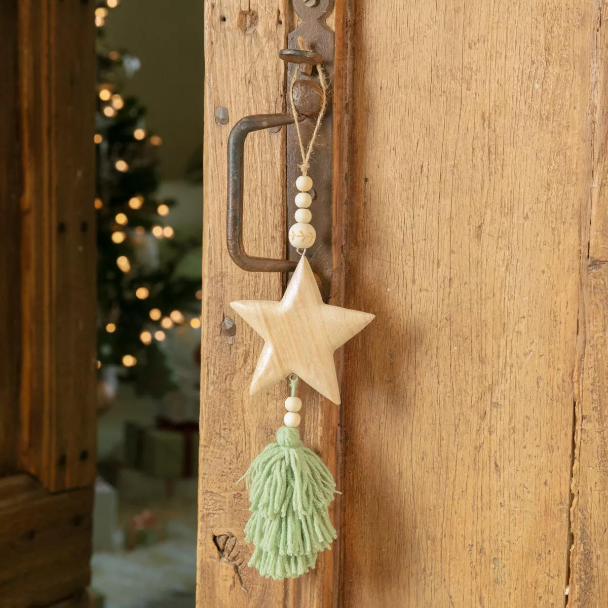 Sospensione di Natale in legno (H25 cm) Stella in legno Verde