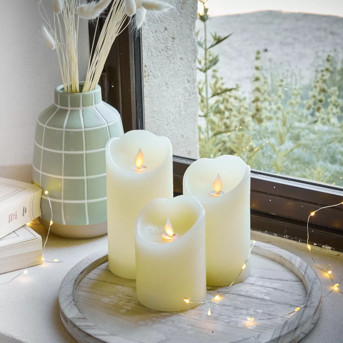 Set di 3 candele LED tremolanti (D7,5 cm) Cera naturale Crema