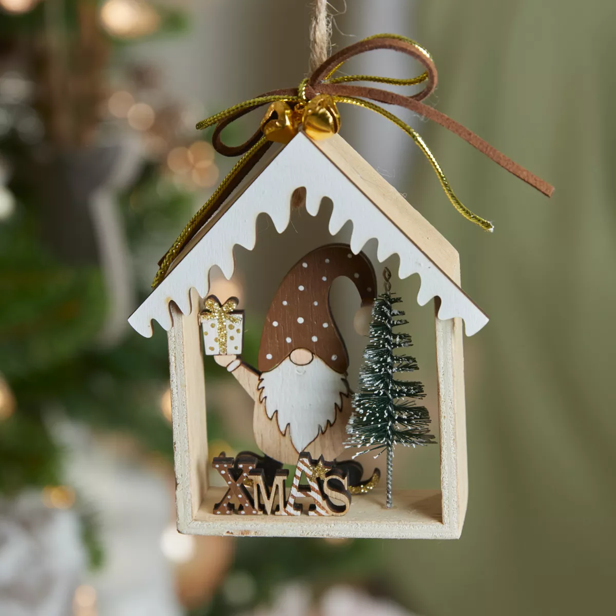 Decorazione natalizia sospesa in legno (H11 cm) Casa di Babbo Natale Marrone