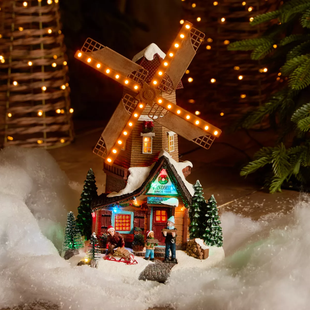Villaggio di Natale luminoso, animato e musicale (H34 cm) Mulino e bambini