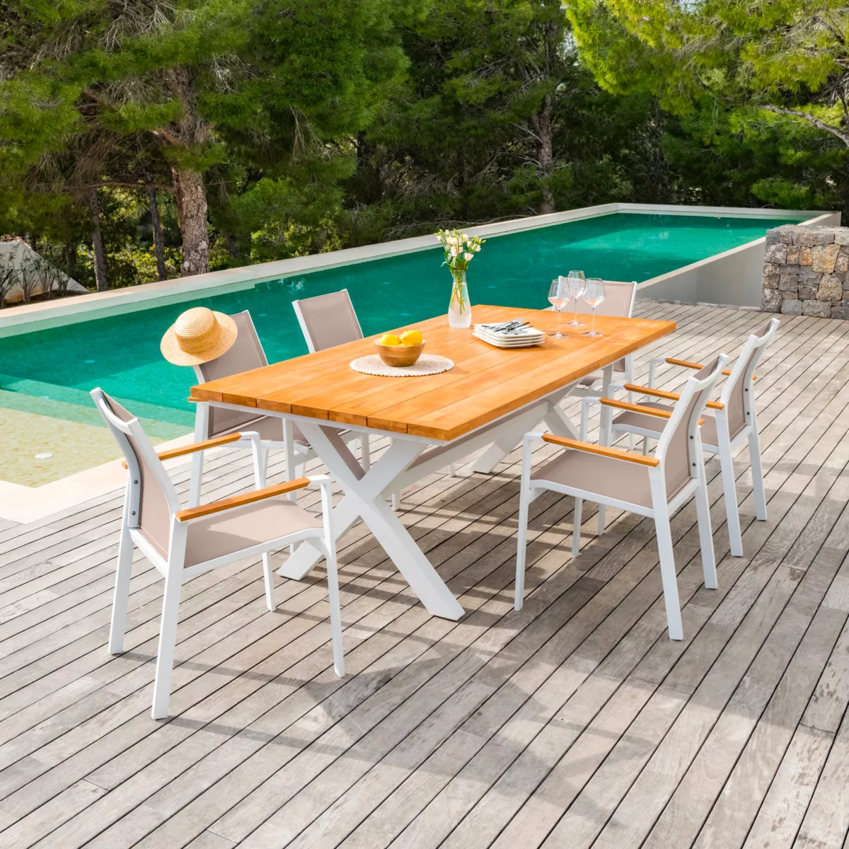 Table de jardin 8 places Aluminium/Teck Bali (200 x 100 cm) - Blanc 1