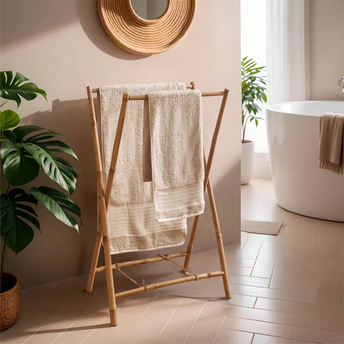 Toallero plegable de caña de bambú 2 barras (H86 cm) Hanoi
