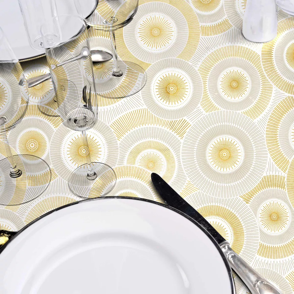 Nappe Ronde (¯ 180 cm) Eclipse Blanc, Polyester ImprimŽ MŽtallisŽ