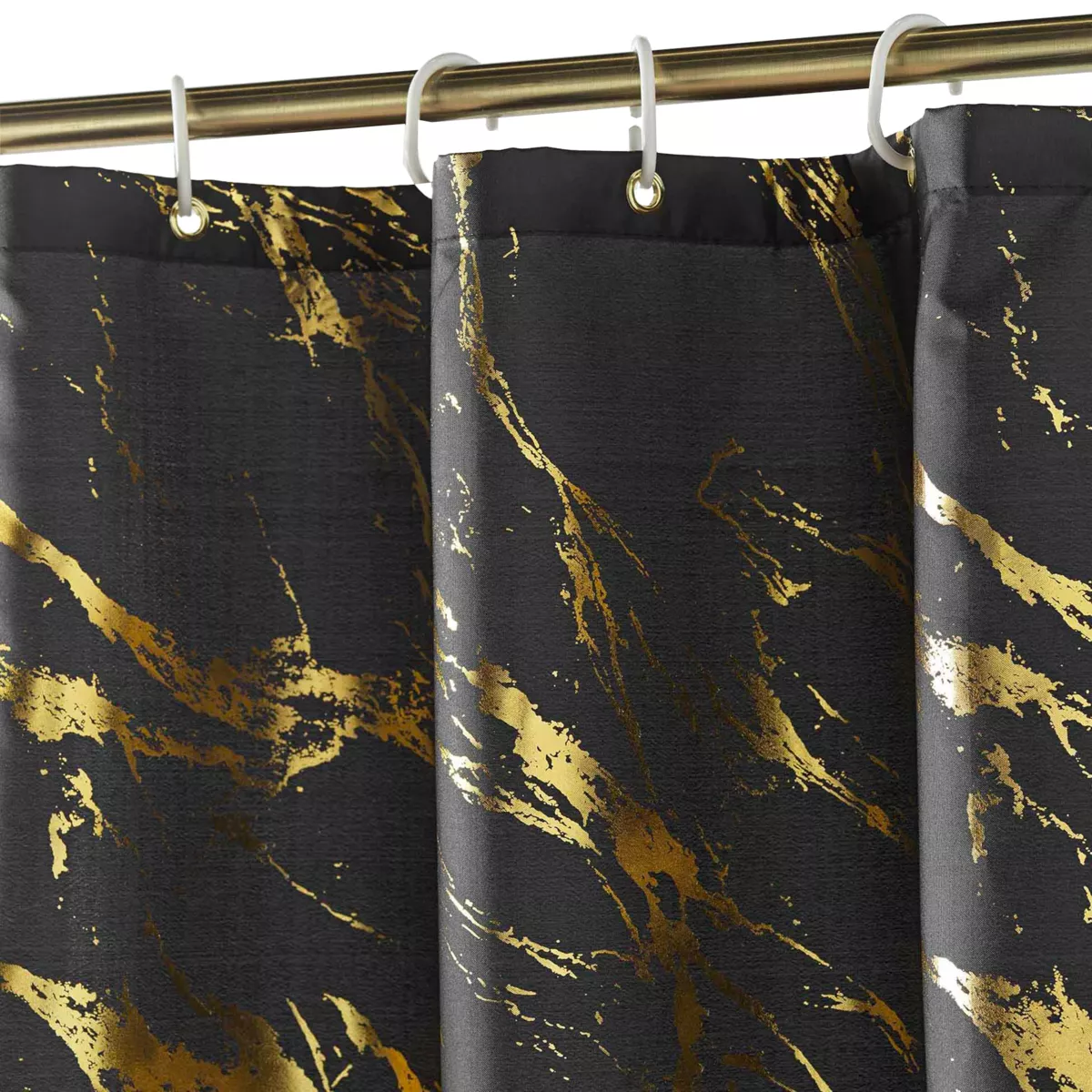 Rideau de Douche avec Crochets (180 x 200 cm) Aquamarbre Noir/Or, Polyester ImprimŽ MŽtallisŽ