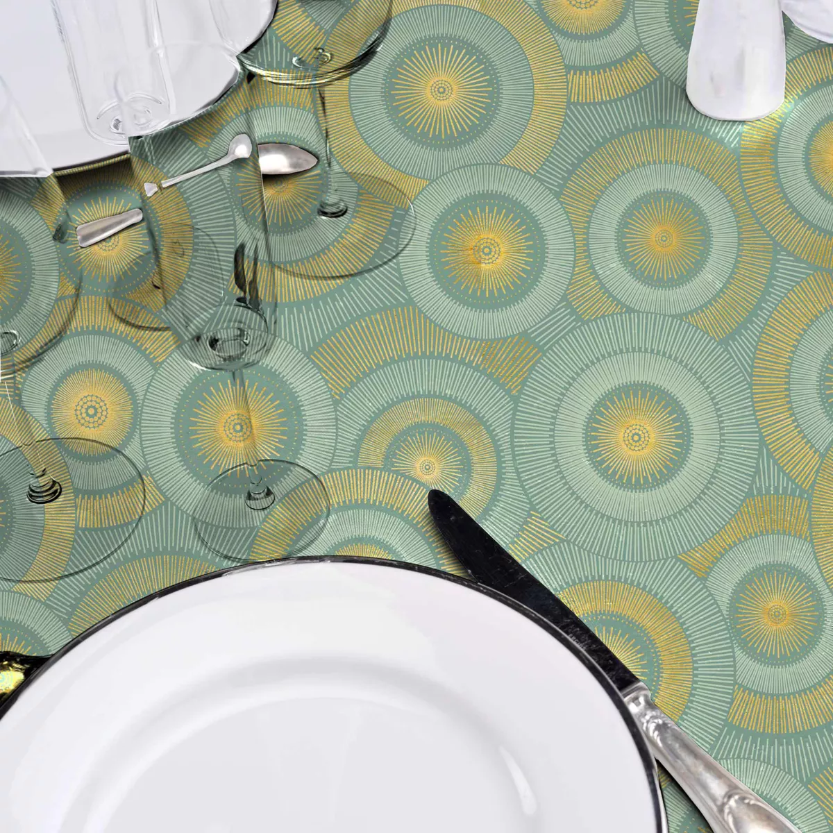 Nappe Ronde (¯ 180 cm) Eclipse Sauge, Polyester ImprimŽ MŽtallisŽ