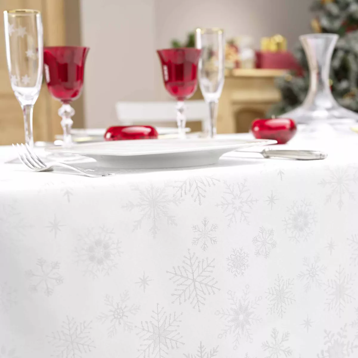 NAPPE RECTANGLE 140 x 300 CM JACQUARD FLOCONS BLANC