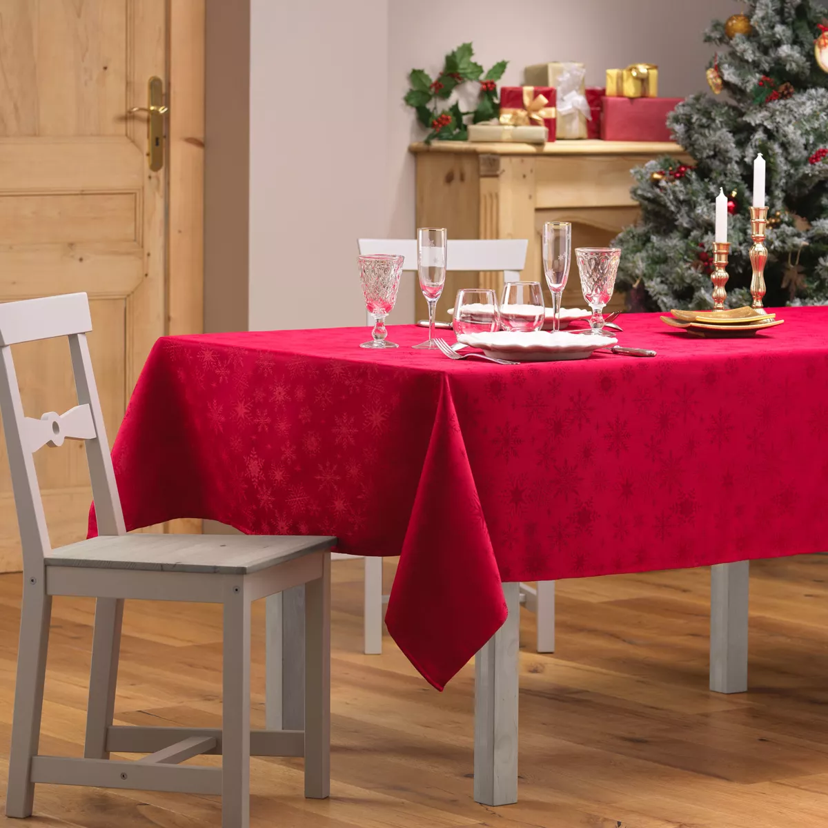 NAPPE RECTANGLE 140 x 300 CM JACQUARD FLOCONS ROUGE