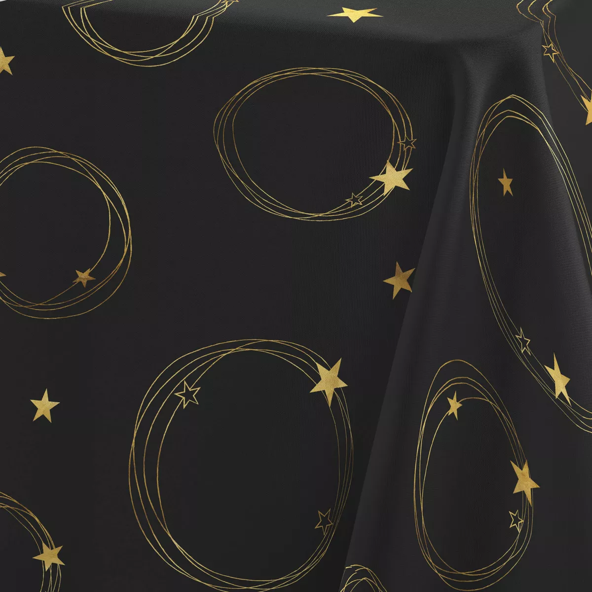 NAPPE RECTANGLE 150 x 300 CM POLYESTER IMPRIME METALLISE STAR NOIR/OR