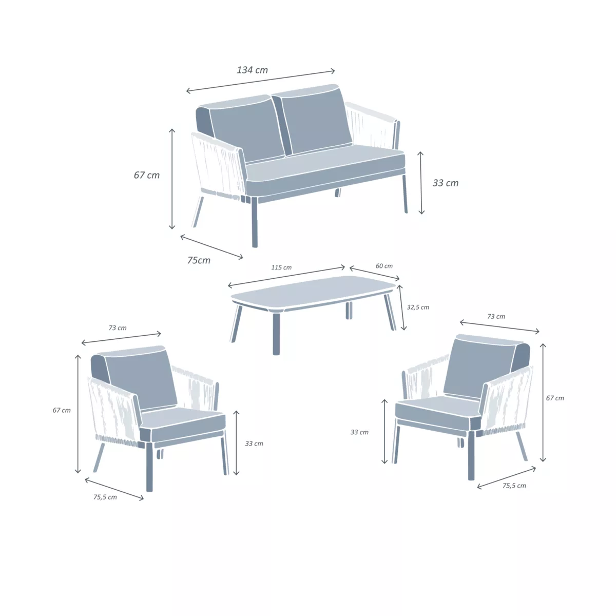 Salotto da giardino in alluminio 4 posti 4 pezzi Amalfi Bianco e beige