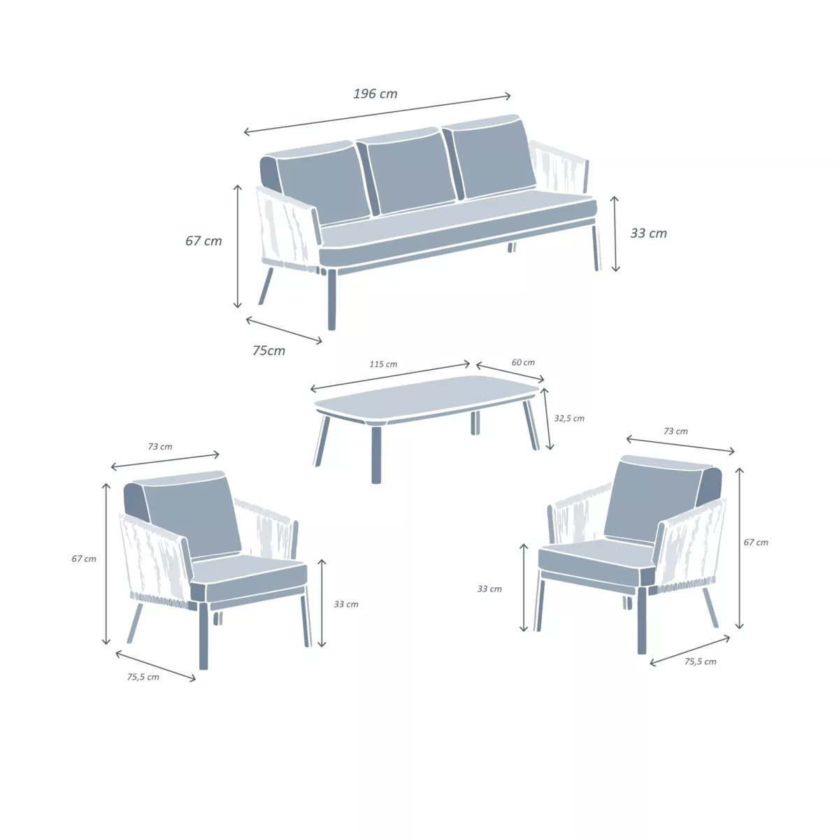 Conjunto de jardín en aluminio 5 plazas - 4 piezas Amalfi Gris antracita y gris claro