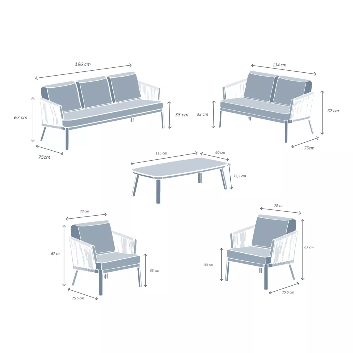 Salon de jardin en aluminium 7 places 5 pcs Amalfi Blanc et taupe