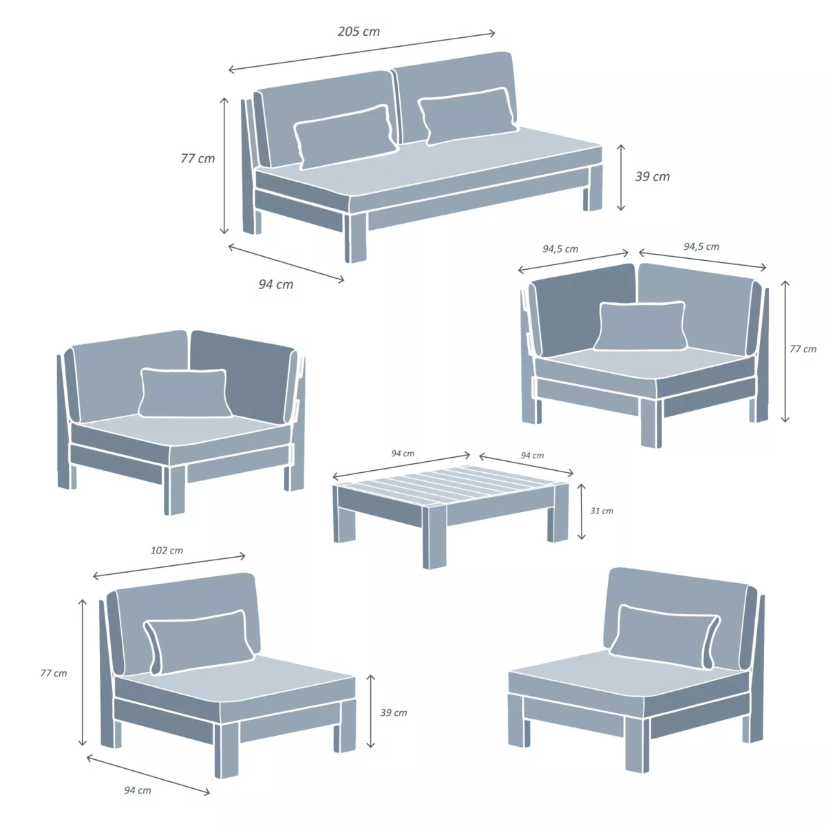 Salotto da giardino angolare in legno di acacia 7 posti 6 pezzi Bornéo Grigio antracite
