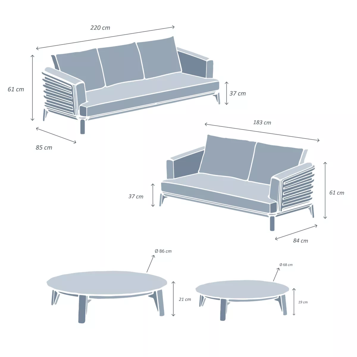 Salon de jardin aluminium 5 places 4 pcs Monte Carlo Blanc et beige