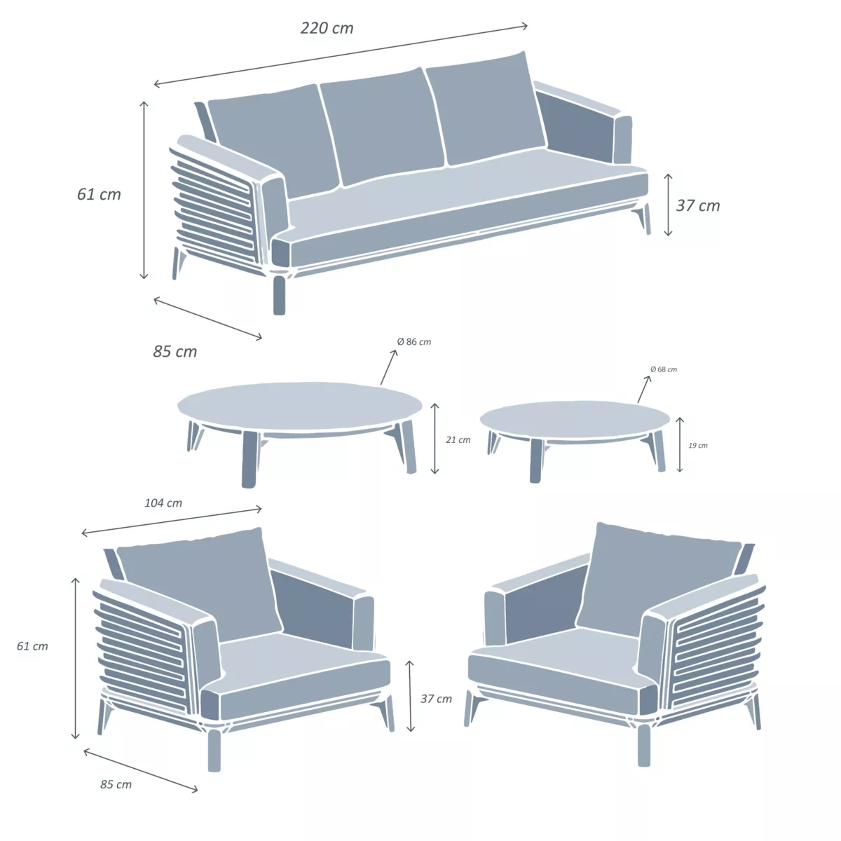Salon de jardin aluminium 5 places 5 pcs Monte Carlo Gris anthracite et gris clair