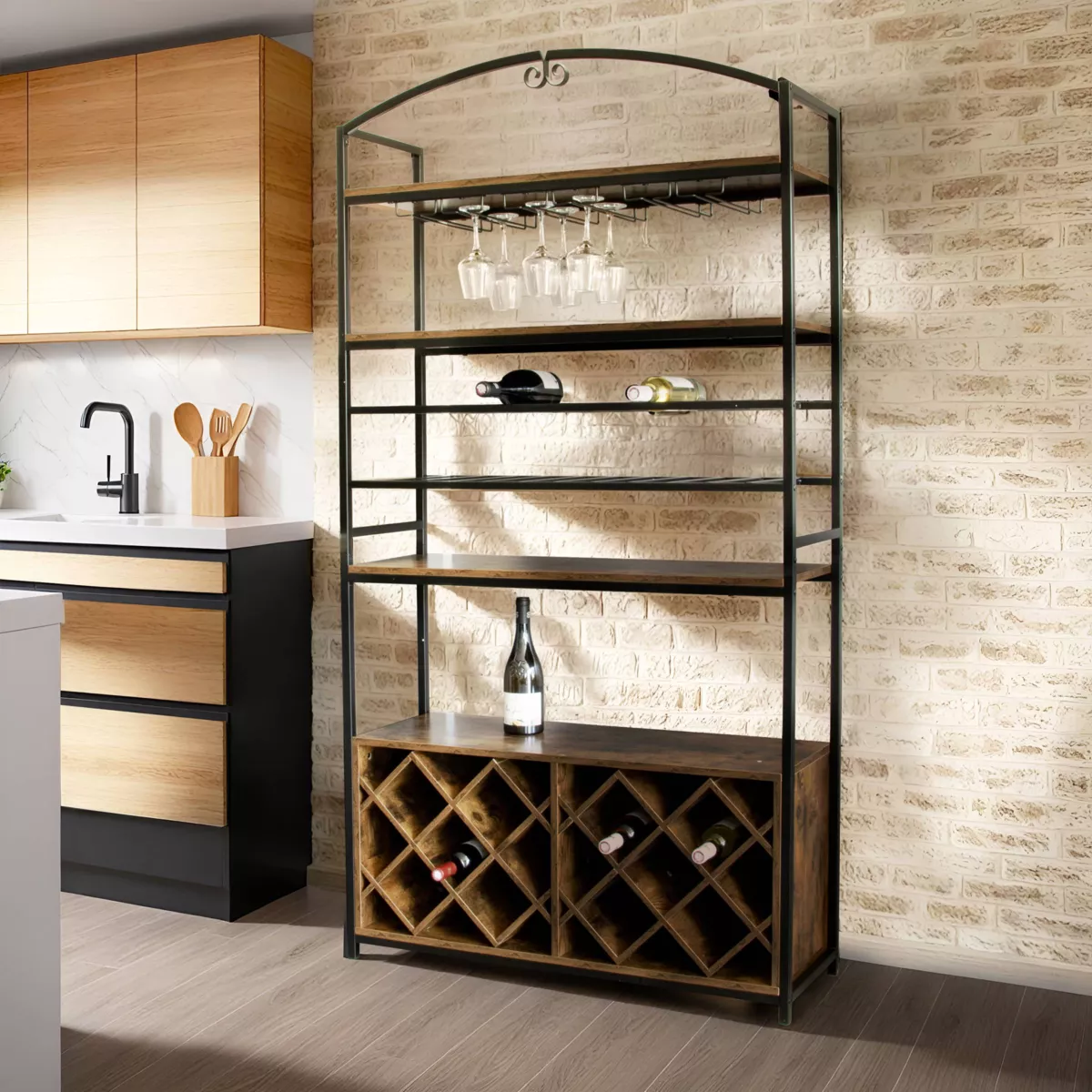 Mueble botellero industrial con 32 compartimentos y portavasos (H180 cm) Marceau Marrón