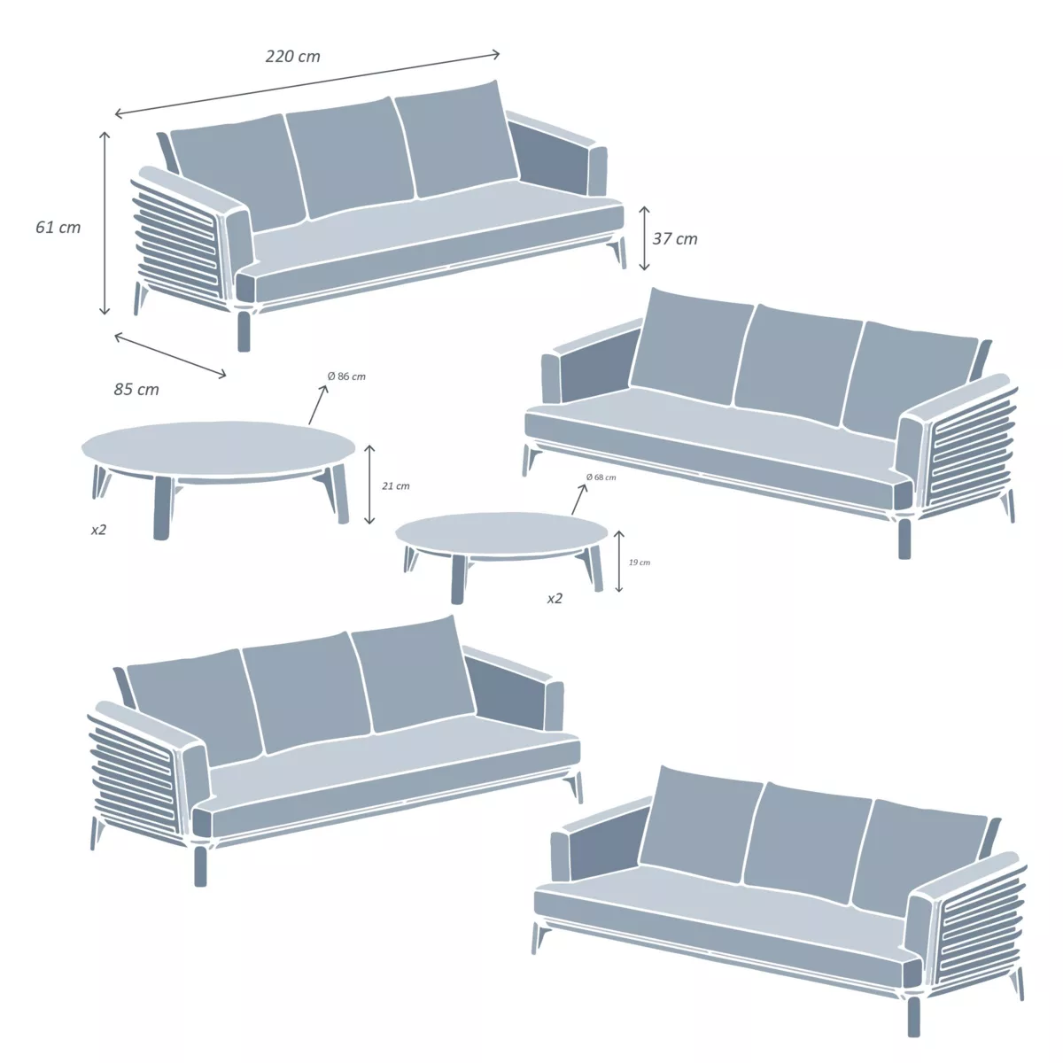 Salotto da giardino alluminio 12 posti 8 pezzi Monte Carlo Grigio chiaro e beige