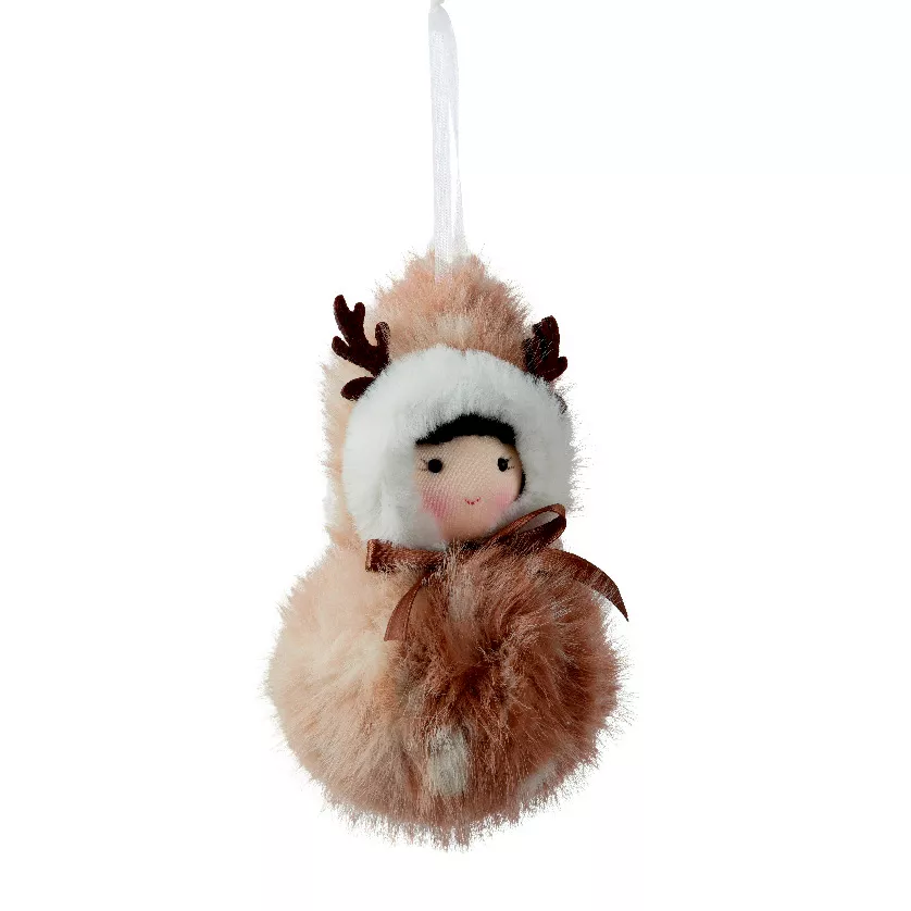 Decorazione Natalizia Sospesa (H15 cm) Pompon in Pelliccia Marrone Chiaro