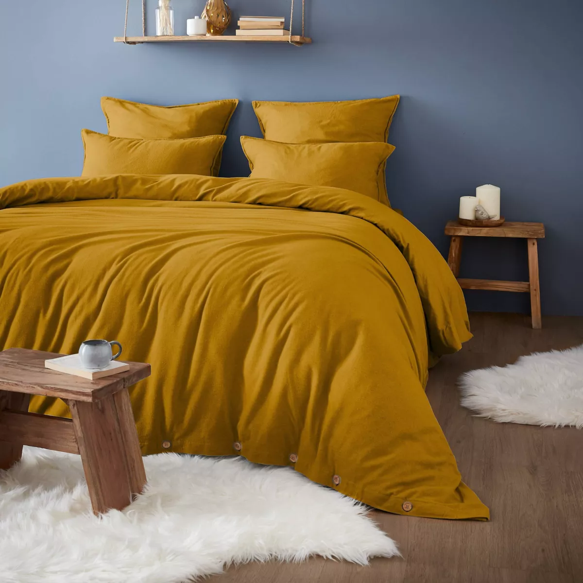 Lenzuolo con angoli in flanella di cotone (180 x 200 cm) Nina Giallo ocra