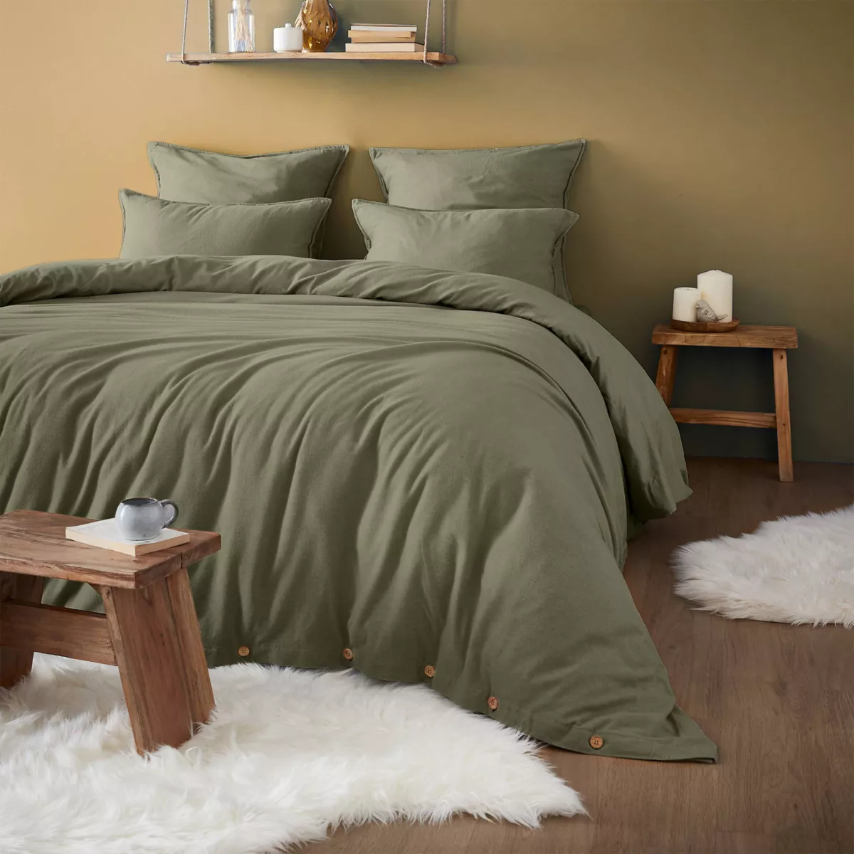 Drap housse en flanelle de coton (200 x 200 cm) Nina Vert romarin