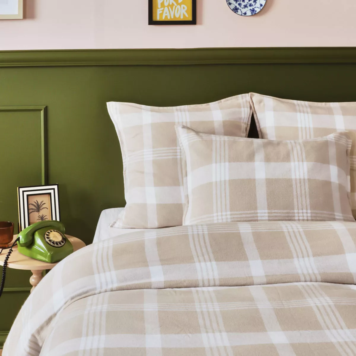 Housse de couette flanelle de coton (240 x 220 cm) Nina carreaux Beige