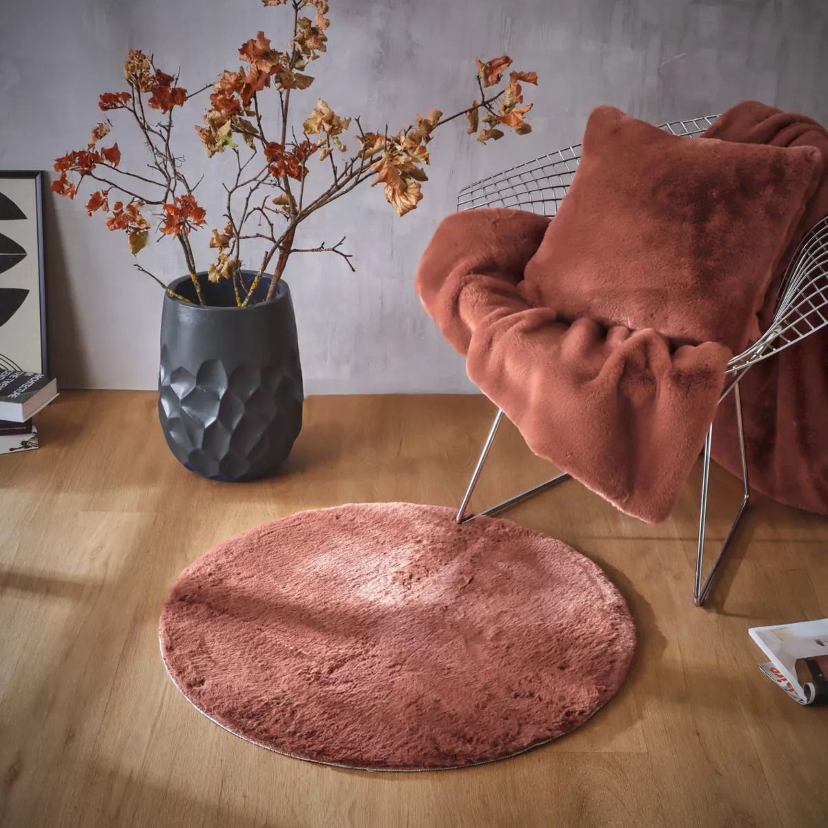 Tappeto rotondo in finta pelliccia (80 cm) Finn Terracotta