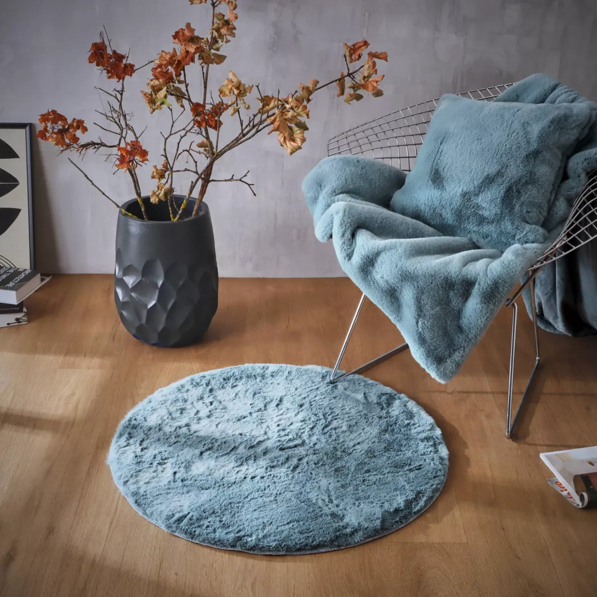 Tappeto rotondo in finta pelliccia (80 cm) Finn Blu