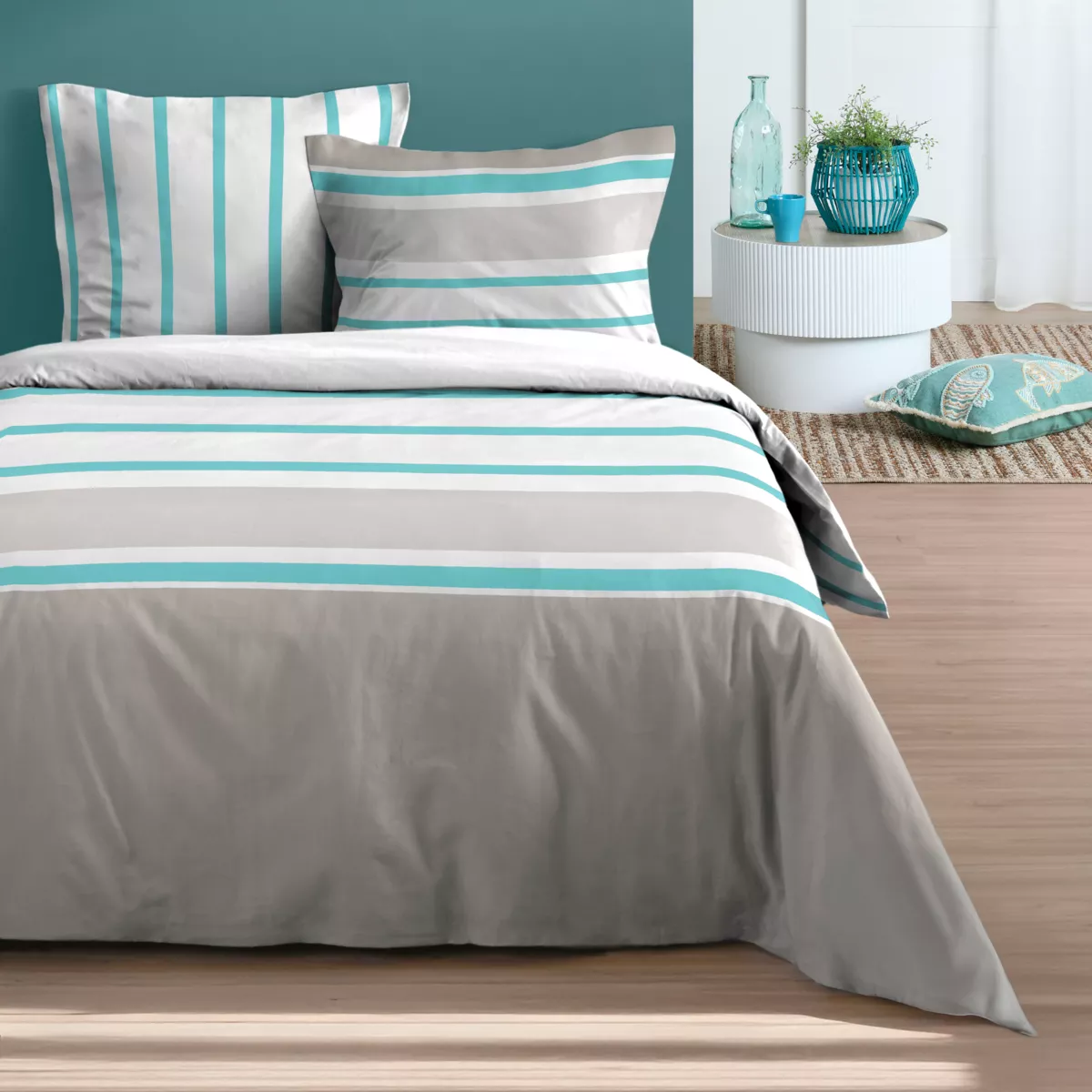 Copripiumino e due federe in cotone (260 x 240 cm) Barbados Verde celadon