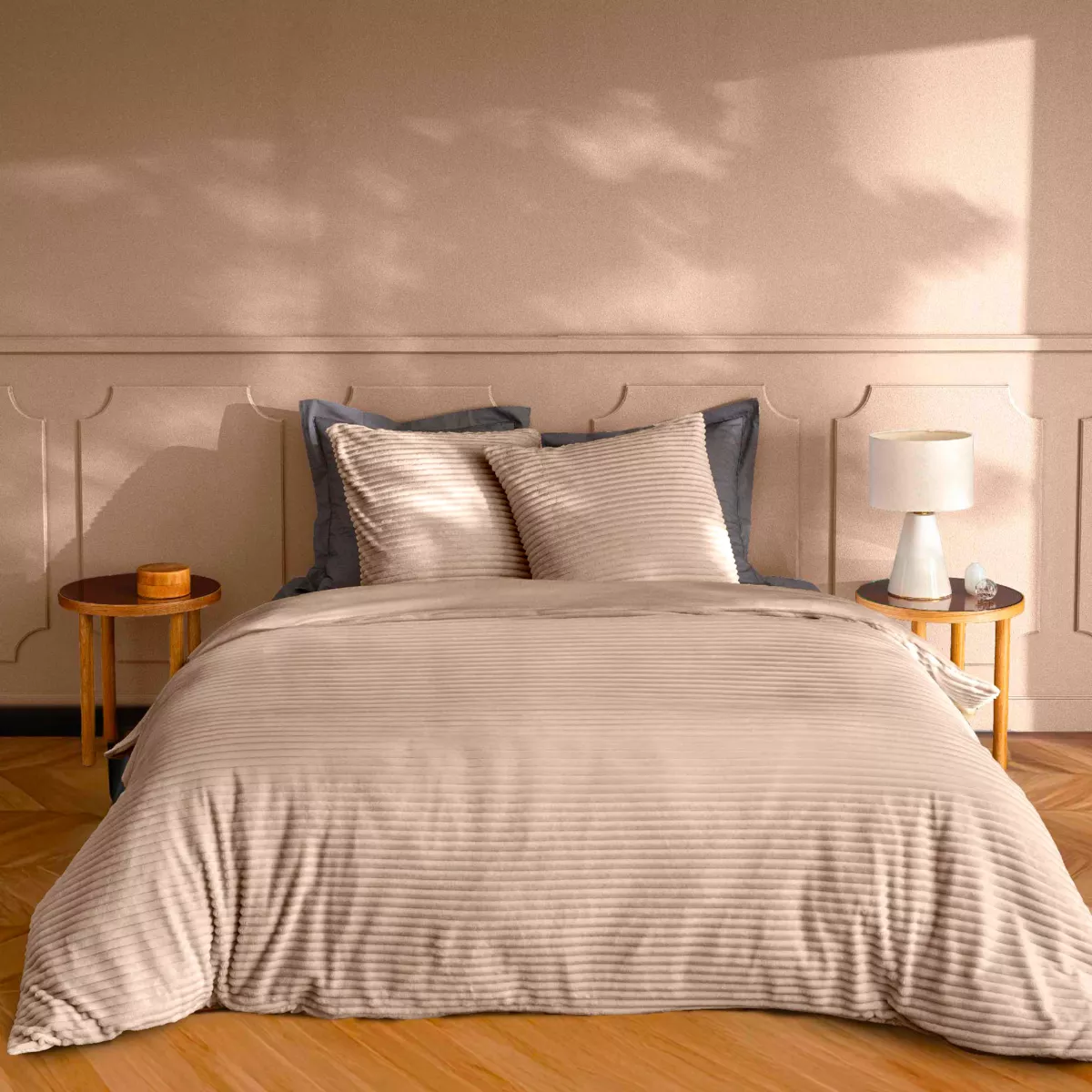 Parure 3 Pices (240 x 220 cm) Veloutea Sable, Flanelle Relief Unie